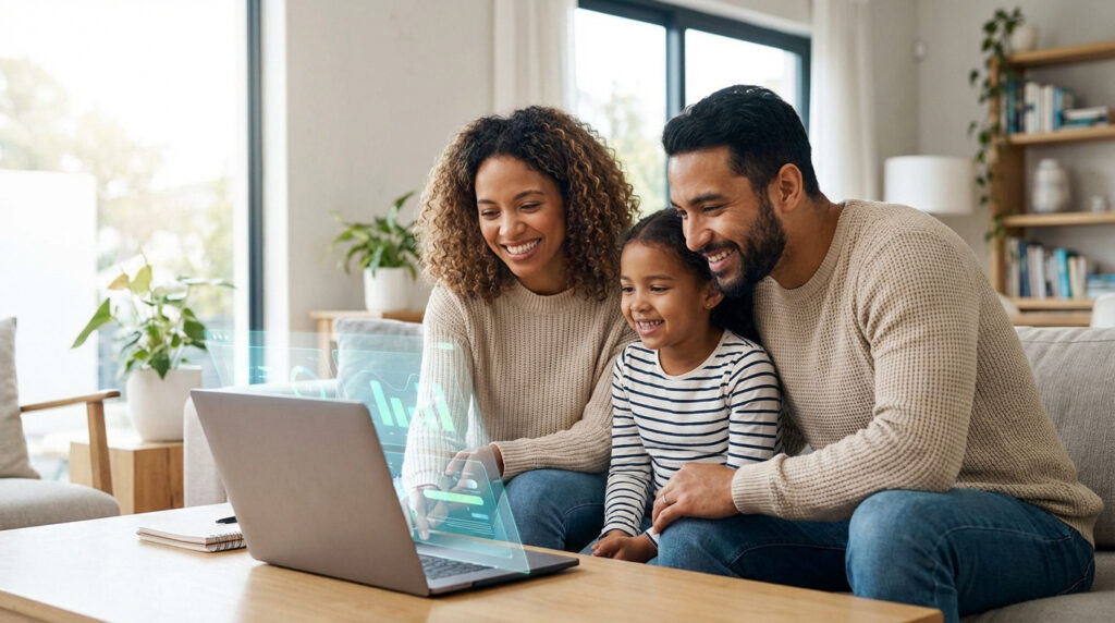 Une famille multiculturelle souriante (parents et enfant) regarde des données holographiques sur un ordinateur portable à la maison, explorant les aides CAF.