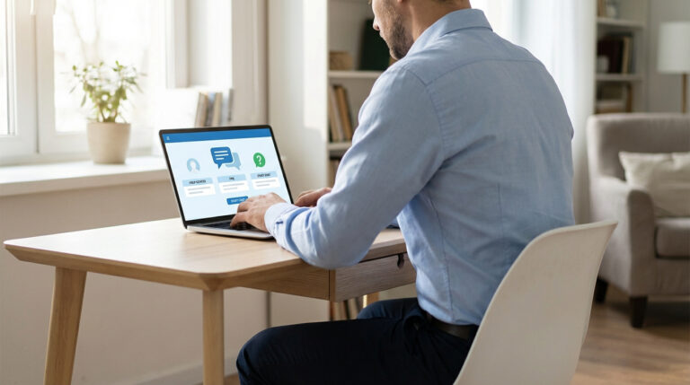 Homme en chemise bleue utilise un ordinateur portable affichant une interface de support client avec chat, FAQ et centre d'aide.