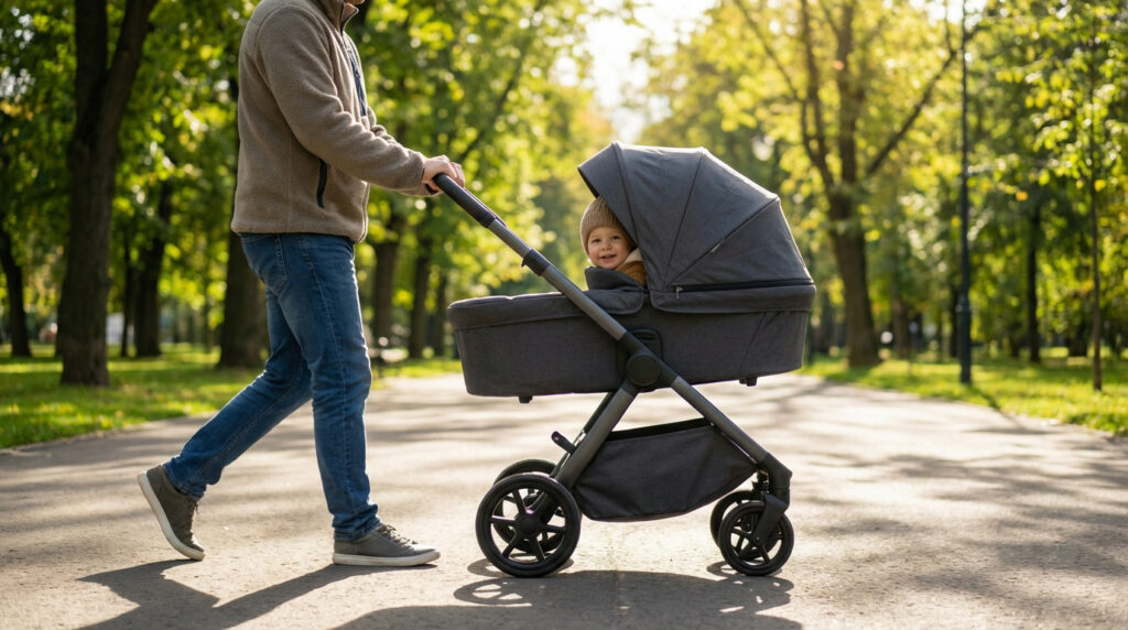 Un parent pousse un bébé souriant dans une poussette Kinderkraft Grande grise sur un chemin ensoleillé d'un parc verdoyant.