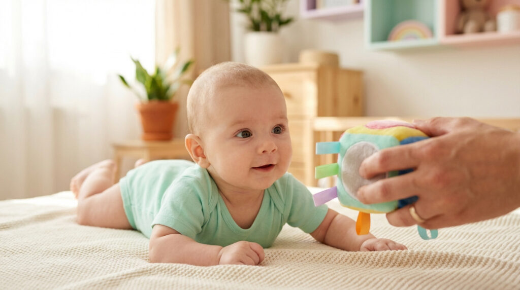 Bébé de 4 mois en body vert clair, allongé sur le ventre, sourit en observant un cube d'activités tenu par un adulte.