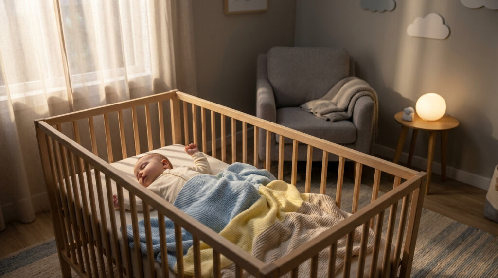Un bébé dort paisiblement dans un lit à barreaux en bois, enveloppé d'une couverture bleue et jaune, baigné de lumière douce.