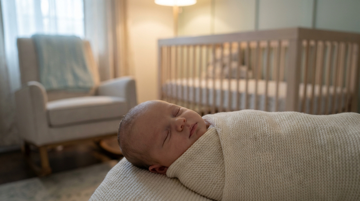 Nouveau-né emmailloté dormant paisiblement sur une couverture, dans une chambre de bébé avec berceau et fauteuil en arrière-plan.