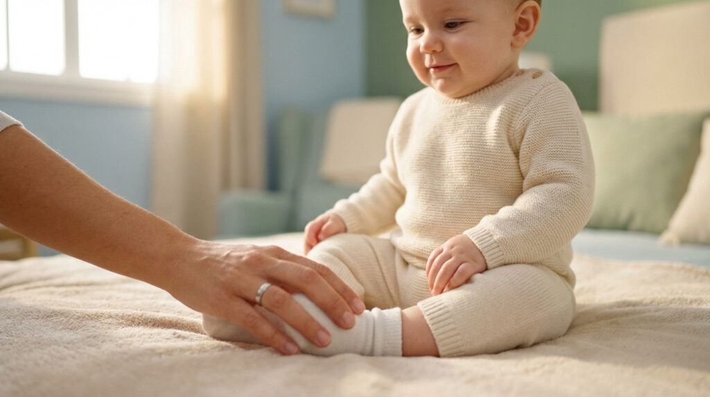 Un bébé souriant en tenue crème est assis sur un lit, une main d'adulte le touche tendrement. Lumière douce en arrière-plan.