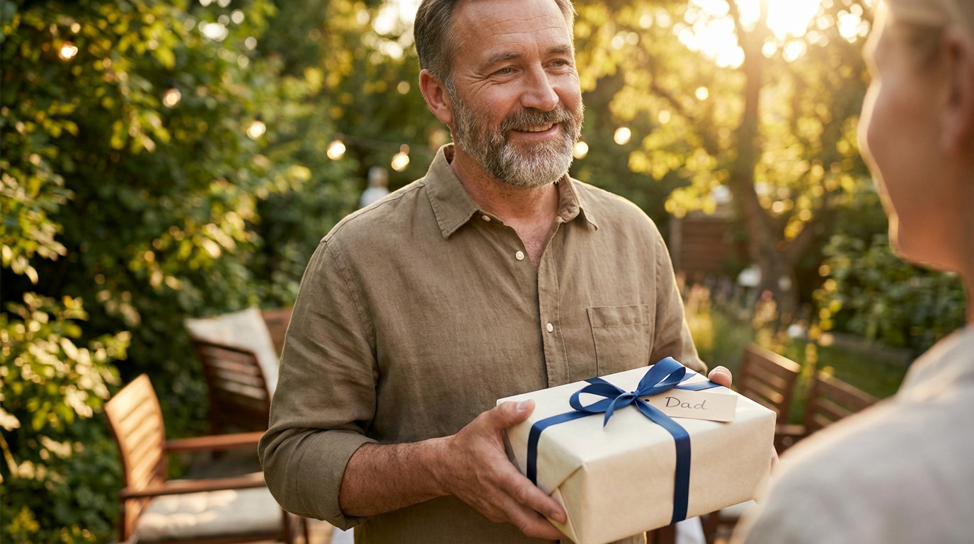Un homme souriant et barbu reçoit un cadeau emballé avec un ruban bleu et une étiquette "Dad" dans un jardin ensoleillé.