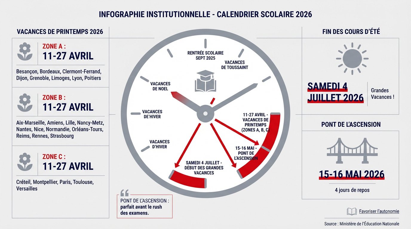 Calendrier officiel des vacances scolaires et ponts de l'année 2026