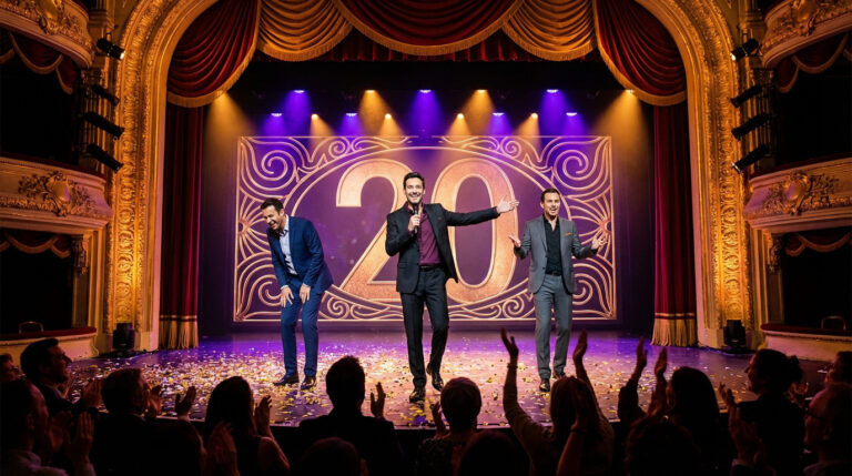 Trois Booder sur scène d'un théâtre, devant un grand "20" lumineux. La scène est jonchée de confettis, le public applaudit.