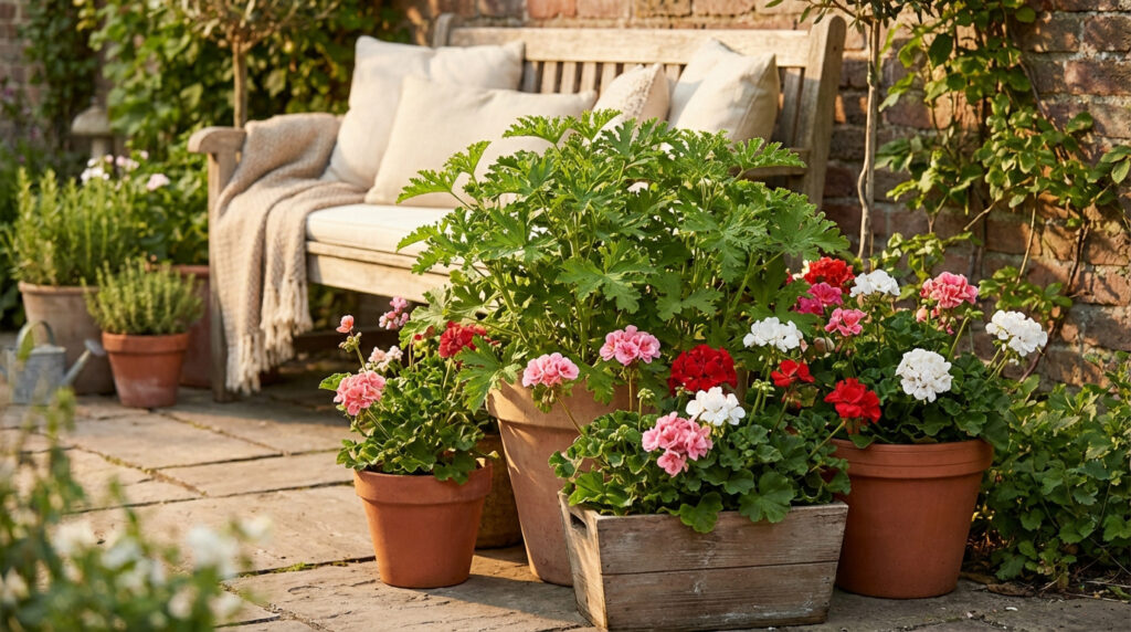 Terrasse ensoleillée avec géraniums citronnelle et fleuris (rouges, roses, blancs) en pots. Banc en bois, coussins et jeté confortables.