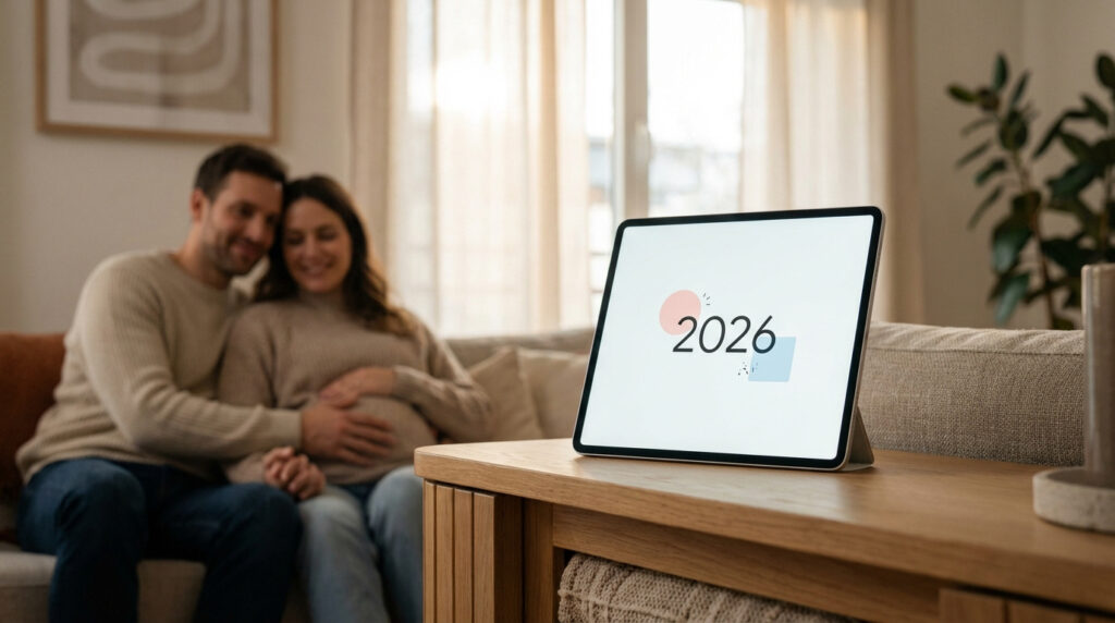 Un couple heureux sur un canapé, la femme enceinte, l'homme posant sa main sur son ventre. Une tablette affiche "2026" au premier plan.