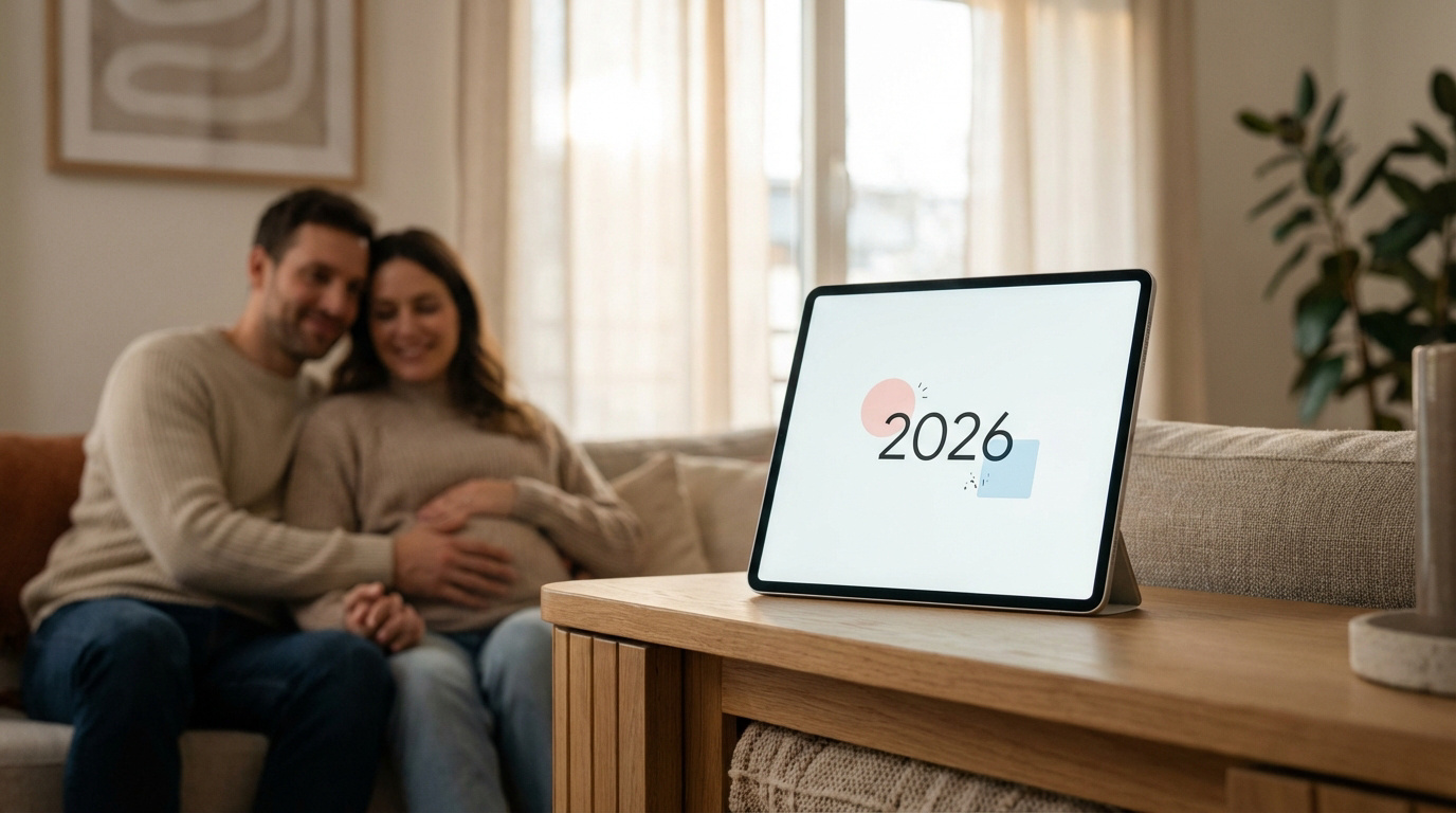 Un couple heureux sur un canapé, la femme enceinte, l'homme posant sa main sur son ventre. Une tablette affiche "2026" au premier plan.