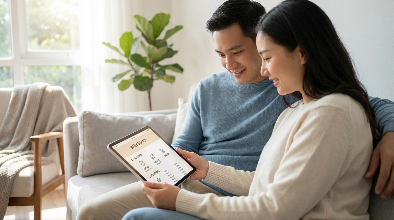 Un couple souriant d'origine asiatique cherche des prénoms pour bébé sur une tablette numérique, affichant des catégories.
