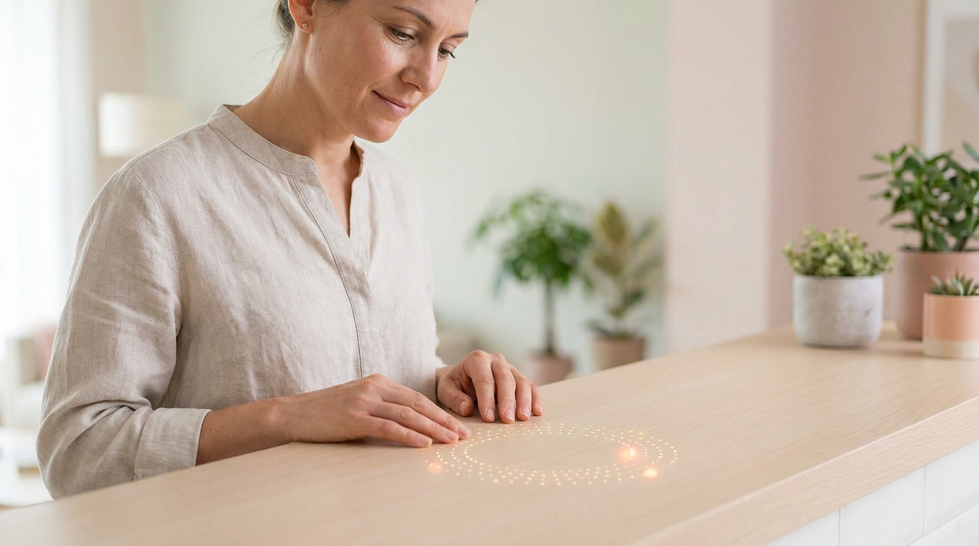 Une femme aux cheveux foncés regarde attentivement un cercle lumineux de points sur une surface en bois, les mains posées. Plantes en fond.