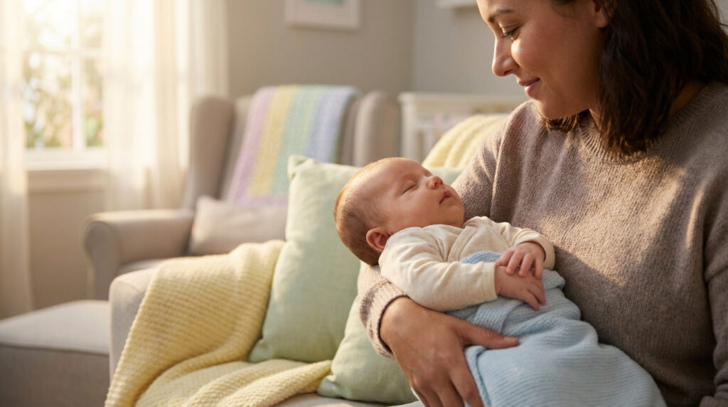 Une femme souriante tient un bébé endormi dans ses bras, enveloppé d'une couverture bleue, dans une pièce lumineuse et apaisante.