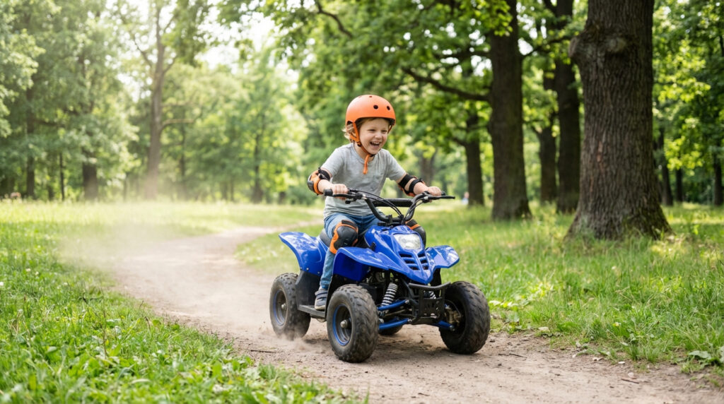 Jeune garçon souriant casqué, sur un quad électrique bleu, roulant sur un chemin de terre dans une forêt ensoleillée.