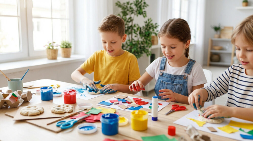 Trois enfants joyeux s'adonnent à des activités manuelles variées sur une table ensoleillée avec peintures et pâte à modeler.