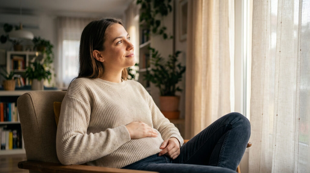 Image d'une femme enceinte, main sur son ventre, assise dans un fauteuil et regardant par la fenêtre avec un doux sourire.