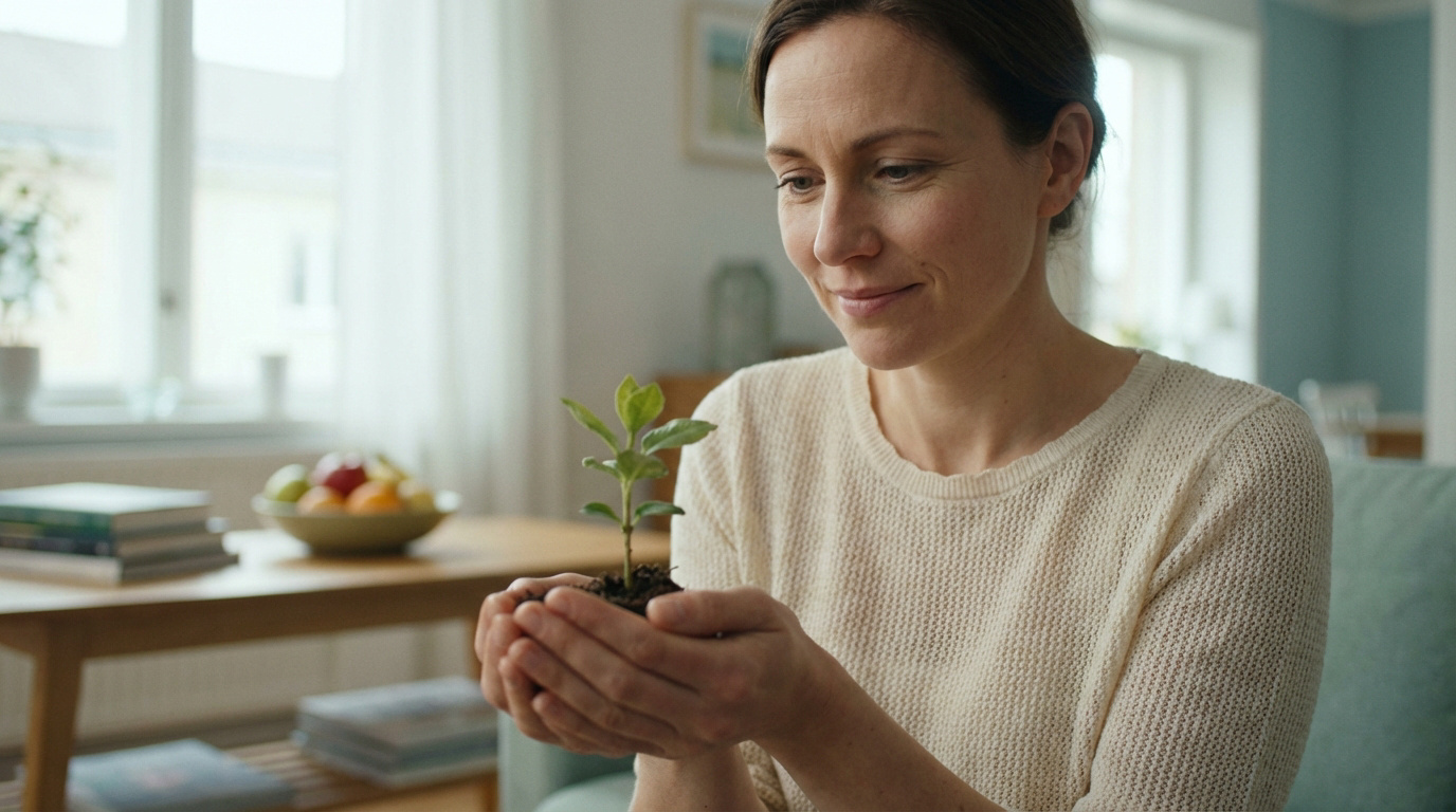 Femme souriante tenant une jeune pousse verte dans ses mains jointes, symbolisant l'espoir et la croissance, dans un intérieur lumineux.