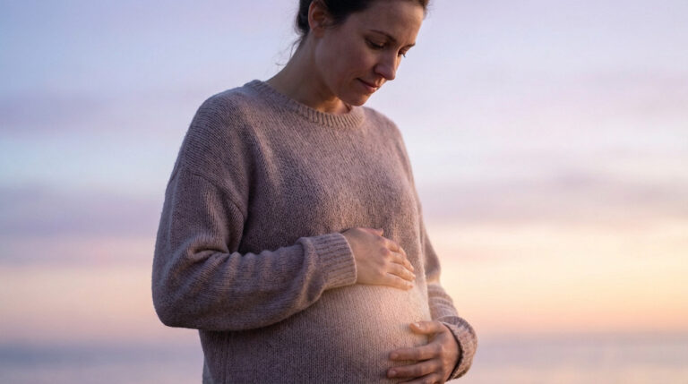 Femme enceinte aux mains posées sur son ventre, regardant vers le bas avec sérénité sous une lumière douce et colorée.