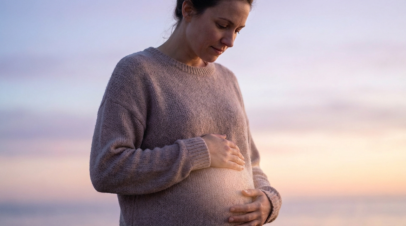 Femme enceinte aux mains posées sur son ventre, regardant vers le bas avec sérénité sous une lumière douce et colorée.