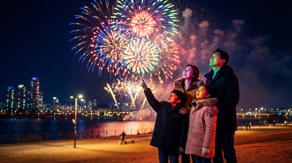 Une famille (parents et deux enfants) émerveillée regarde un feu d'artifice coloré au-dessus d'une ville illuminée la nuit.