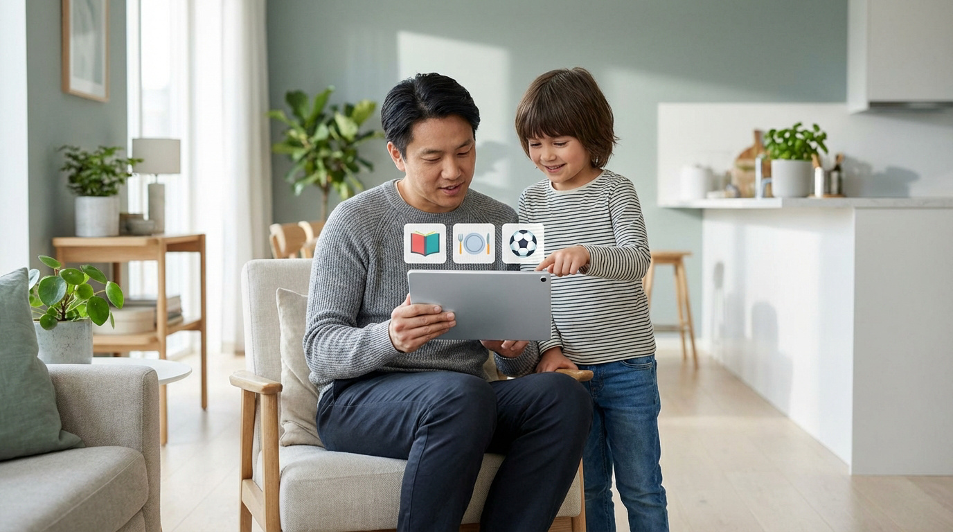 Un père et son enfant interagissent avec une tablette affichant des icônes (livre, repas, ballon), symbolisant les services familiaux numériques.