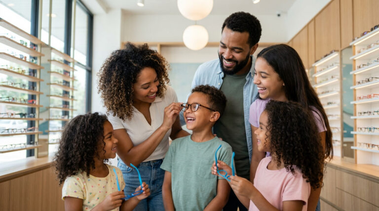 Une famille souriante dans un magasin d'optique. La mère ajuste des lunettes sur son fils joyeux, entourés par le père et les sœurs.