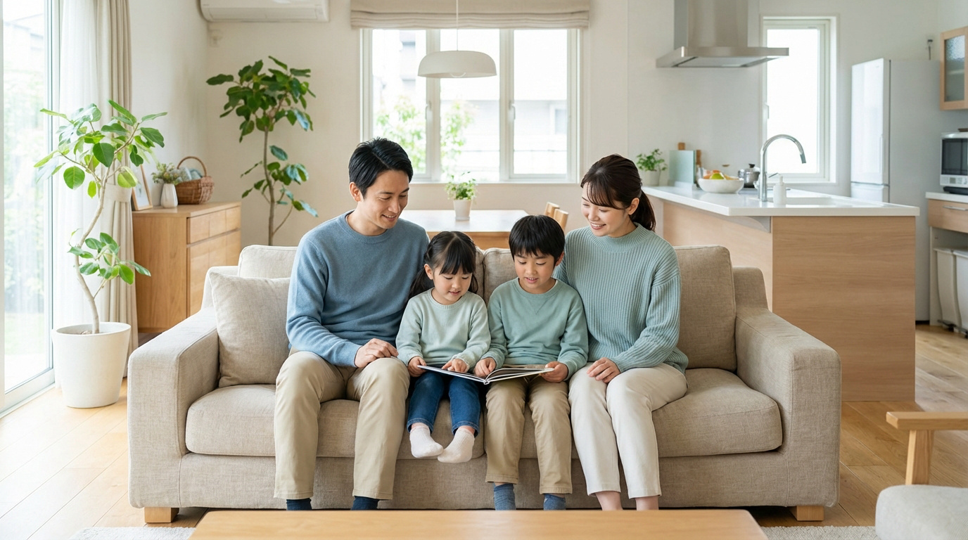 Famille asiatique heureuse sur un canapé dans un salon lumineux. Les enfants lisent un livre, les parents sourient.