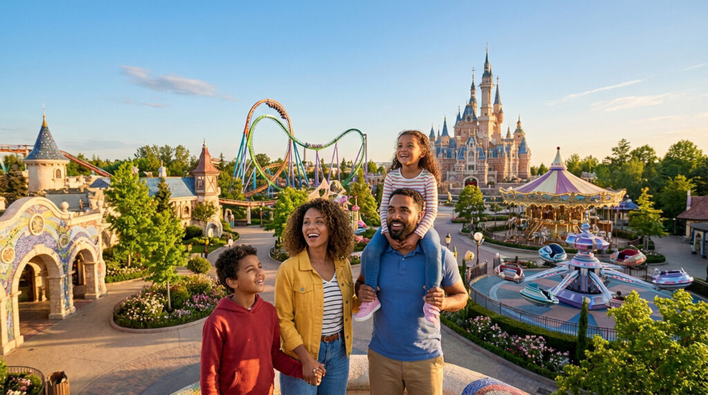 Famille heureuse (parents, deux enfants) dans un parc d'attractions, avec château féerique, montagnes russes et carrousel en arrière-plan.