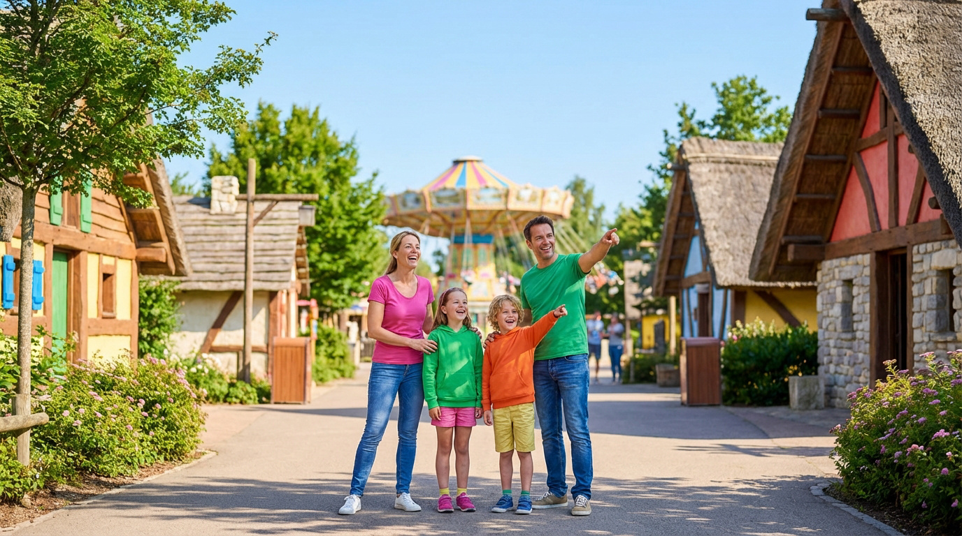 Famille souriante (parents, deux enfants) au Parc Astérix, pointant du doigt les attractions. Carrousel et maisons à colombages en arrière-plan.