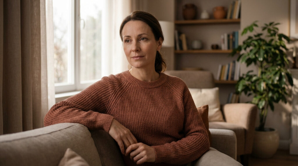 Julia Vignali, pensive, assise sur un canapé chez elle, portant un pull rouille, le regard tourné vers la fenêtre.