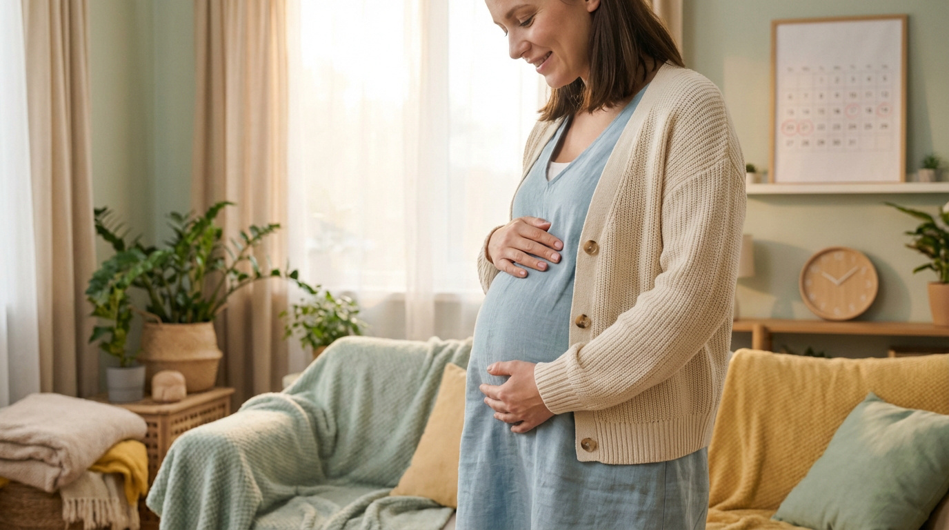 Femme enceinte souriante et sereine caressant son ventre dans un salon lumineux. Un calendrier de grossesse est visible.