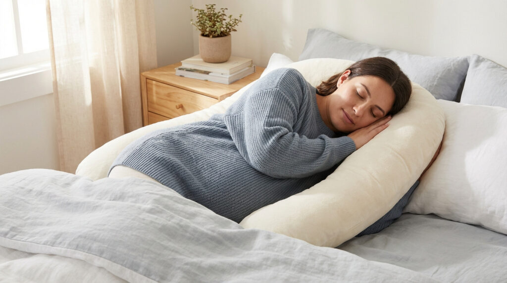 Une femme enceinte sereine dort sur le côté dans un lit, confortablement soutenue par un grand oreiller de grossesse en forme de U.