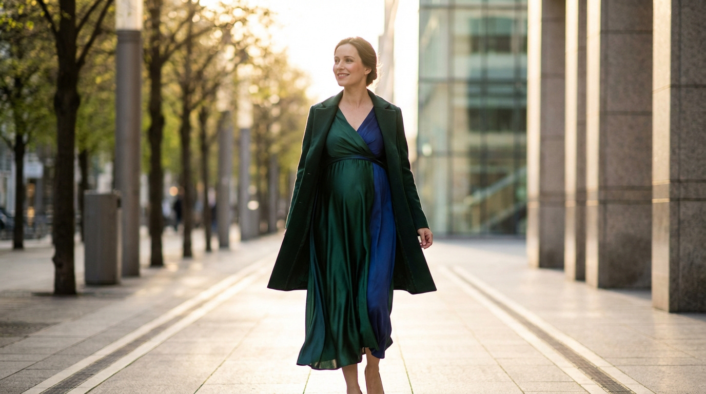 Femme enceinte souriante en tenue élégante (manteau vert, robe bicolore), marchant sur une allée urbaine au soleil couchant.