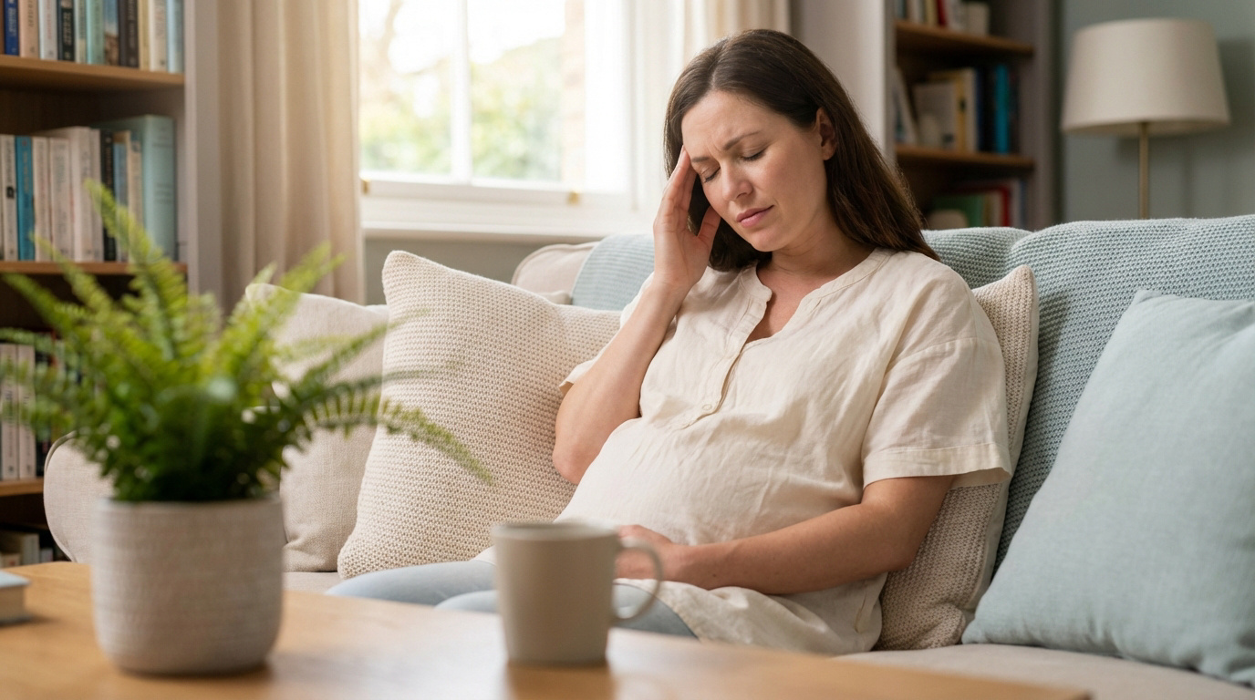 Femme enceinte assise sur un canapé, les yeux fermés et la main sur la tempe, souffrant d'un mal de tête dans un salon lumineux.