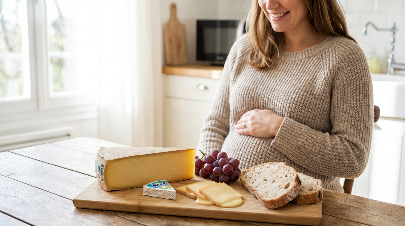 Une femme enceinte souriante caresse son ventre, devant un plateau de fromages pasteurisés, raisin et pain, dans une cuisine lumineuse.