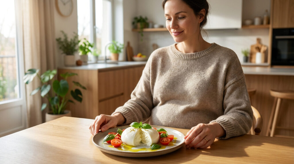 Femme enceinte souriante devant une assiette de burrata coupée avec tomates cerises et basilic dans une cuisine lumineuse.