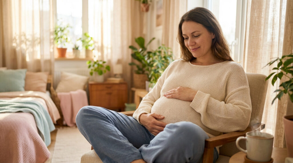 Une femme enceinte souriante caresse son ventre, assise confortablement dans un fauteuil, dans une pièce lumineuse et apaisante.