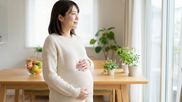 Femme enceinte souriante tenant son ventre, regardant par la fenêtre dans un intérieur lumineux avec plantes. Représente le bien-être maternel.