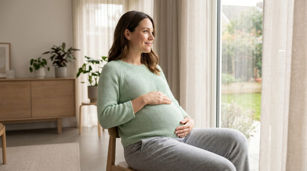 Femme enceinte souriante assise près d'une fenêtre lumineuse, les mains posées sur son ventre. Elle regarde au loin, pensive.
