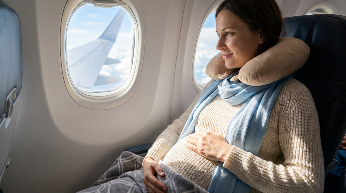 Femme enceinte souriante, détendue, assise près du hublot d'un avion avec un coussin de voyage, une couverture et la main sur son ventre.