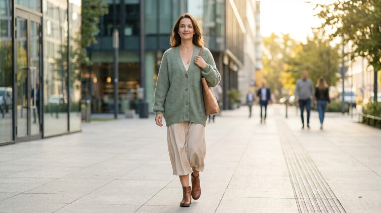 Femme souriante en cardigan vert et jupe claire marche en ville, sac à l'épaule. Lumière douce, bâtiments modernes.