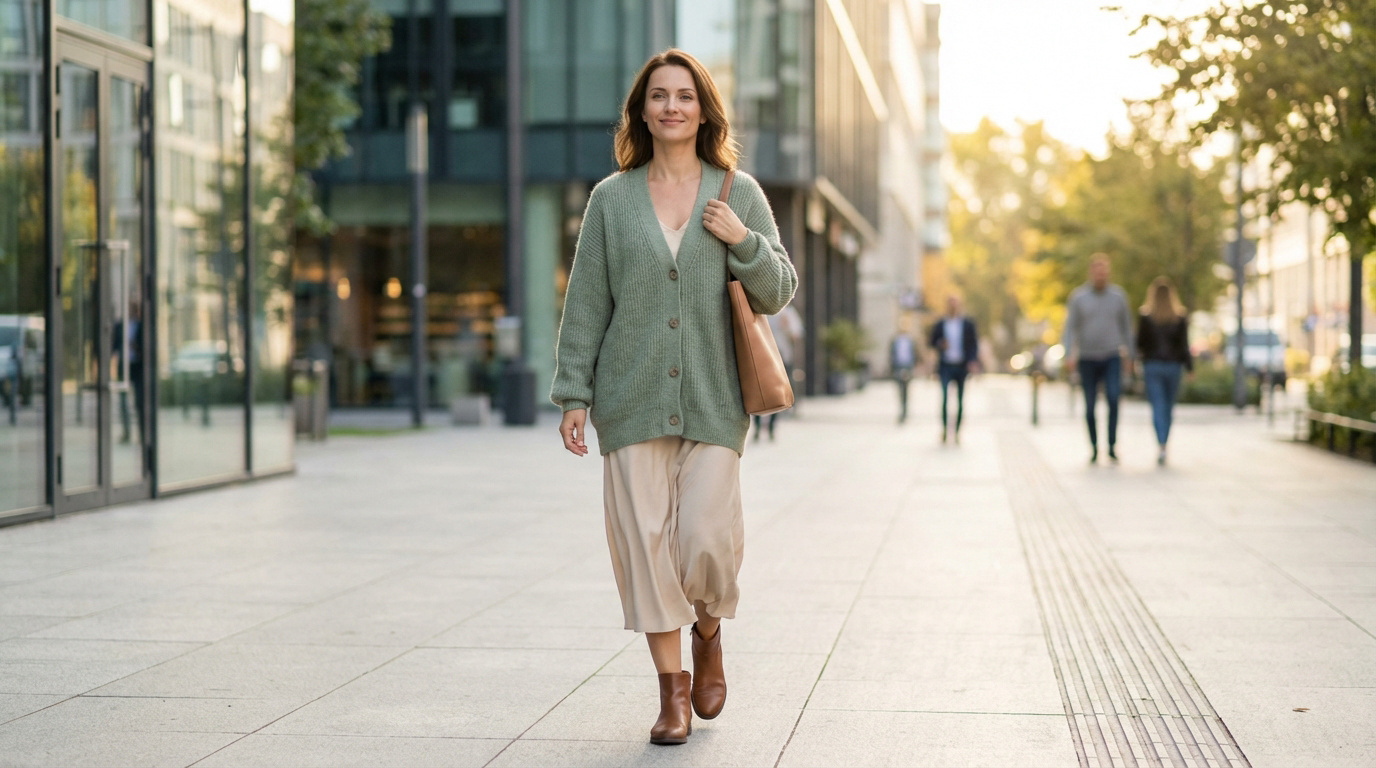 Femme souriante en cardigan vert et jupe claire marche en ville, sac à l'épaule. Lumière douce, bâtiments modernes.