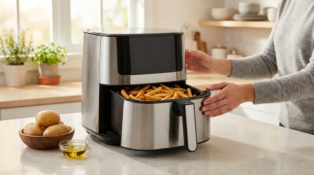 Mains plaçant un panier de frites dorées dans une friteuse à air en inox. Pommes de terre et huile à côté sur un comptoir de cuisine.