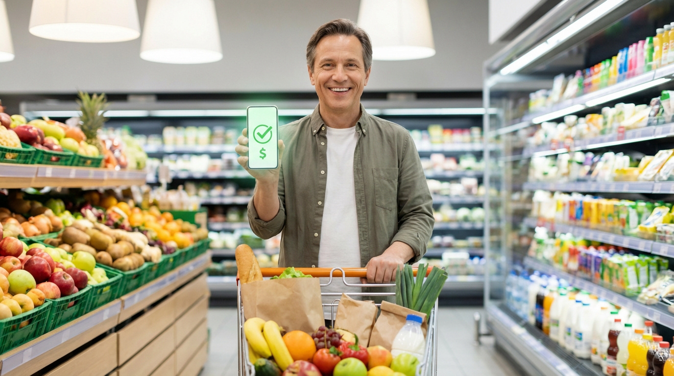Homme souriant dans un supermarché, un caddie rempli à ses côtés. Il montre un smartphone affichant un succès de paiement et des économies.