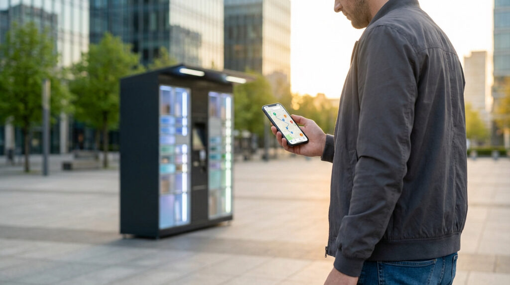Un homme consulte son smartphone affichant une carte avec des points Vinted Go, près d'un casier de retrait en ville.