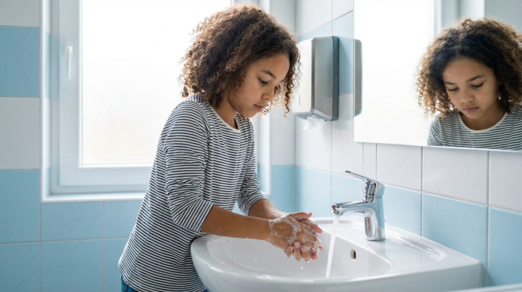 Enfant aux cheveux bouclés se lavant soigneusement les mains avec du savon dans un lavabo de salle de bain. Un geste clé pour la prévention.