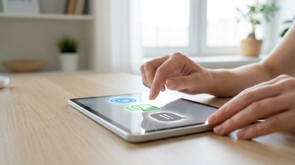 Mains utilisant une tablette affichant des icônes de gestion de compte : euro, documents et chat. Un doigt touche l'icône documents.