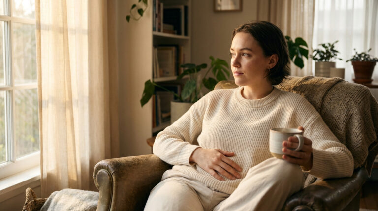 Jeune femme pensive, main sur le ventre, assise dans un fauteuil. Lumière douce, ambiance intime, possibles premiers signes de grossesse.