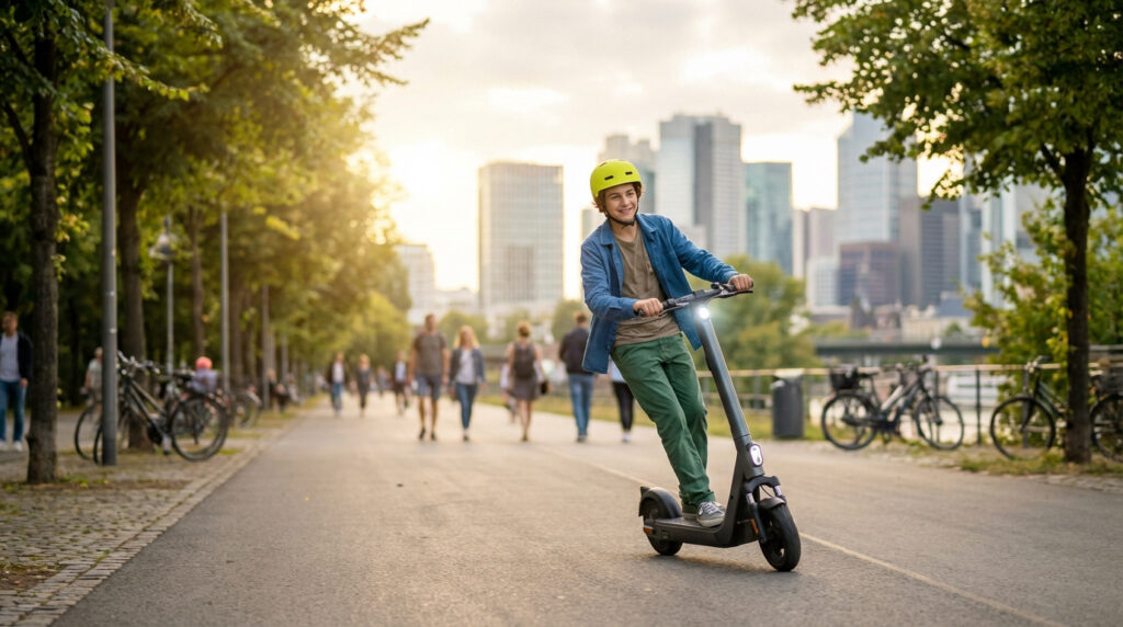 Un jeune garçon souriant avec un casque vert clair sur une trottinette électrique grise, roulant dans un parc urbain verdoyant. Des immeubles en arrière-plan.