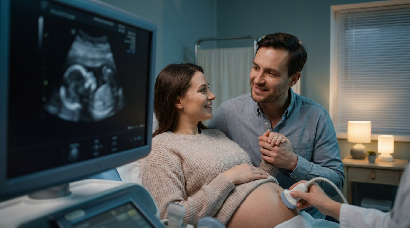 Couple joyeux lors d'une échographie, admirant leur bébé sur l'écran. Le père tient la main de la mère enceinte.