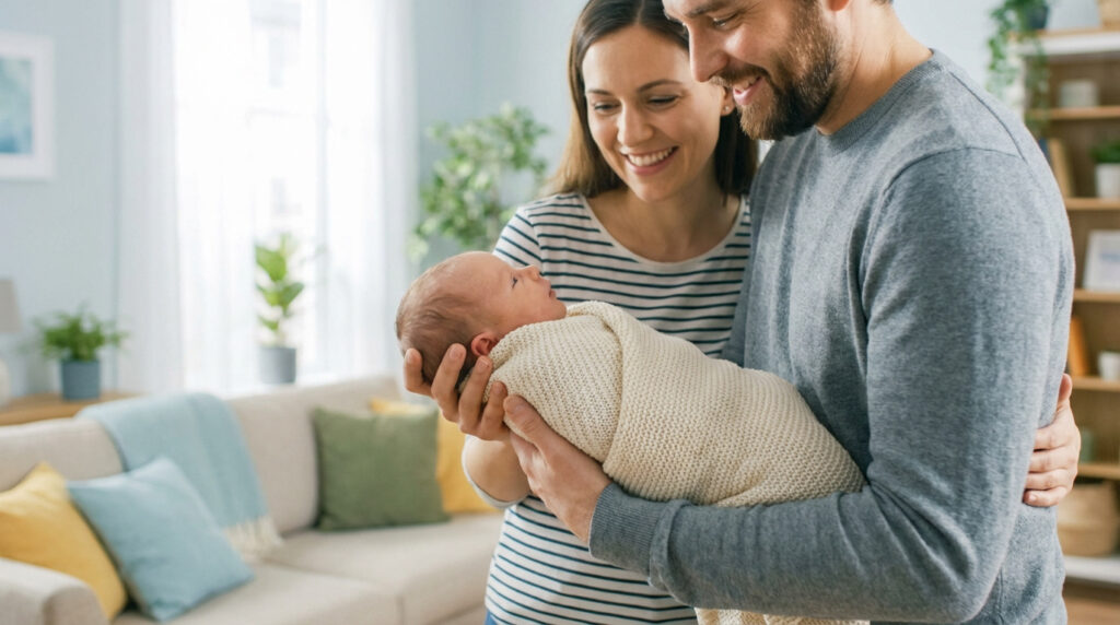 Couple souriant tenant tendrement leur nouveau-né emmailloté dans un salon lumineux, symbolisant la joie parentale.